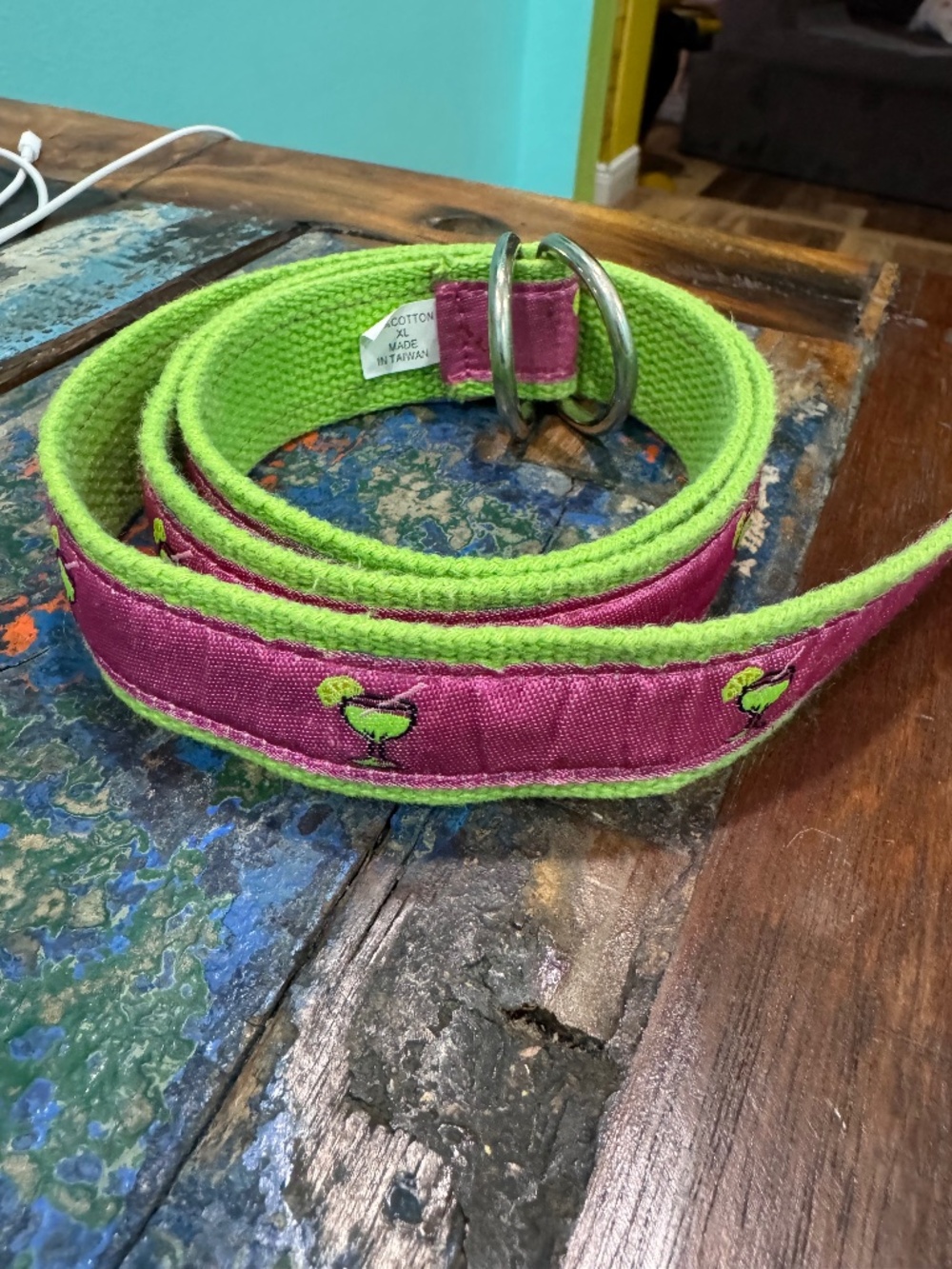 Belt Embroidered Canvas Tropical Drinks on Pink background w/ Lime Green trim XL